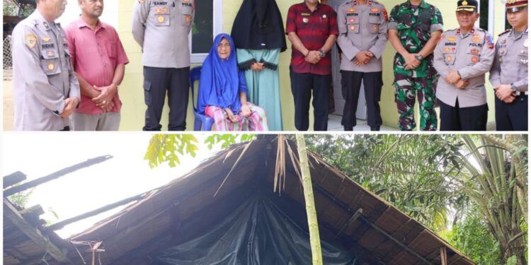 Teks Foto: Kapolres Acehtimur bersama nek Taryam didepan rumah yang dibedah(Atas) Rumah nek Taryam sebelum dibedah polres aceh timur (Bawah)