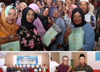keterangan foto:Wali Kota Batam H Muhammad Rudi (HMR), melayani foto bersama emak-emak warga Kampung Tua Panau, dan Kampung Tua Melayu, usai menerima sertifikat tanah, di Hotel Hokki, Kabil, Nongsa, Senin (19/6/2023).