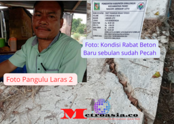 Foto: Kondisi Rabat Beton yang sudah Pecah, Dorsabarta Silalahi Pangulu Laras Dua(Insert) dan Papan Informasi pekerjaan (insert)