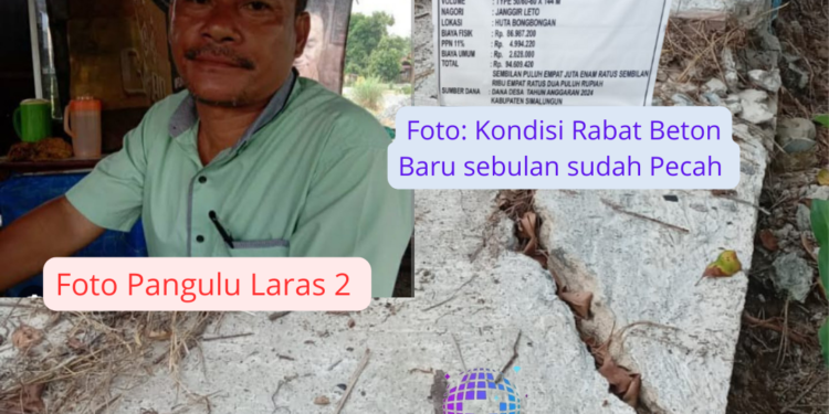 Foto: Kondisi Rabat Beton yang sudah Pecah, Dorsabarta Silalahi Pangulu Laras Dua(Insert) dan Papan Informasi pekerjaan (insert)