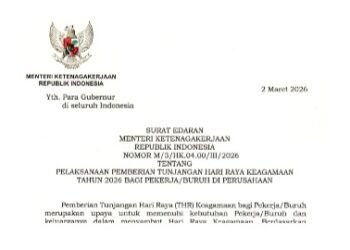 Terbitkan THR Hari Keagamaan 2026, Menaker : Harus Dibayar Penuh Tidak Boleh Dicicil